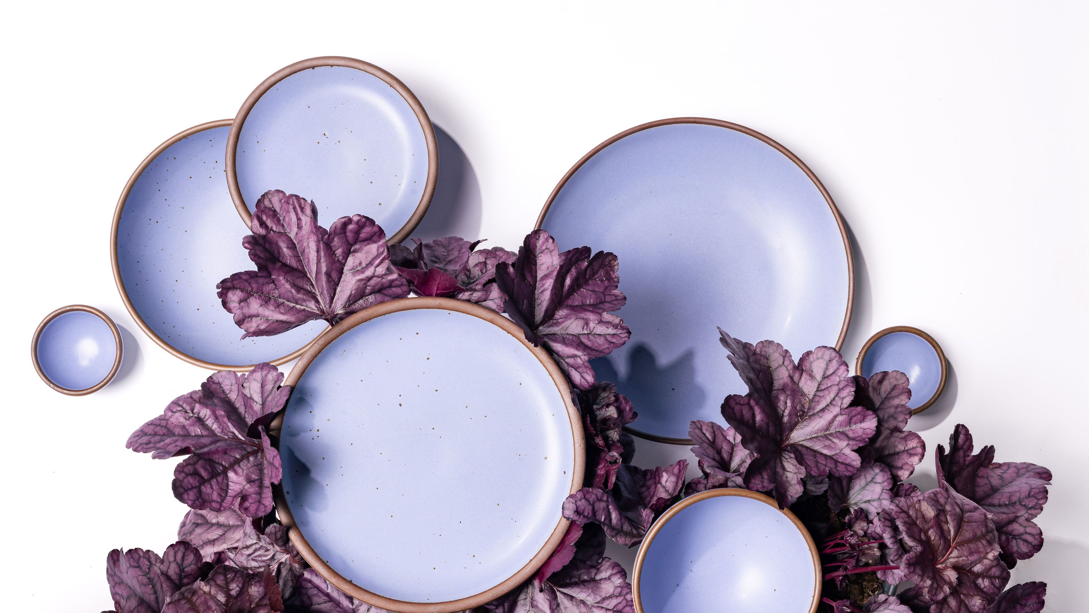 Ceramic dinnerware in a light periwinkle are artfully styled together on a light background with purple leafy vegetables