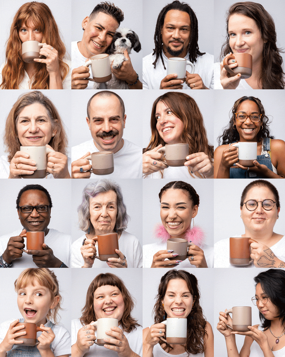 Grid of sixteen images, each of a smiling person holding The Big or Small Mug in a variety of glazes
