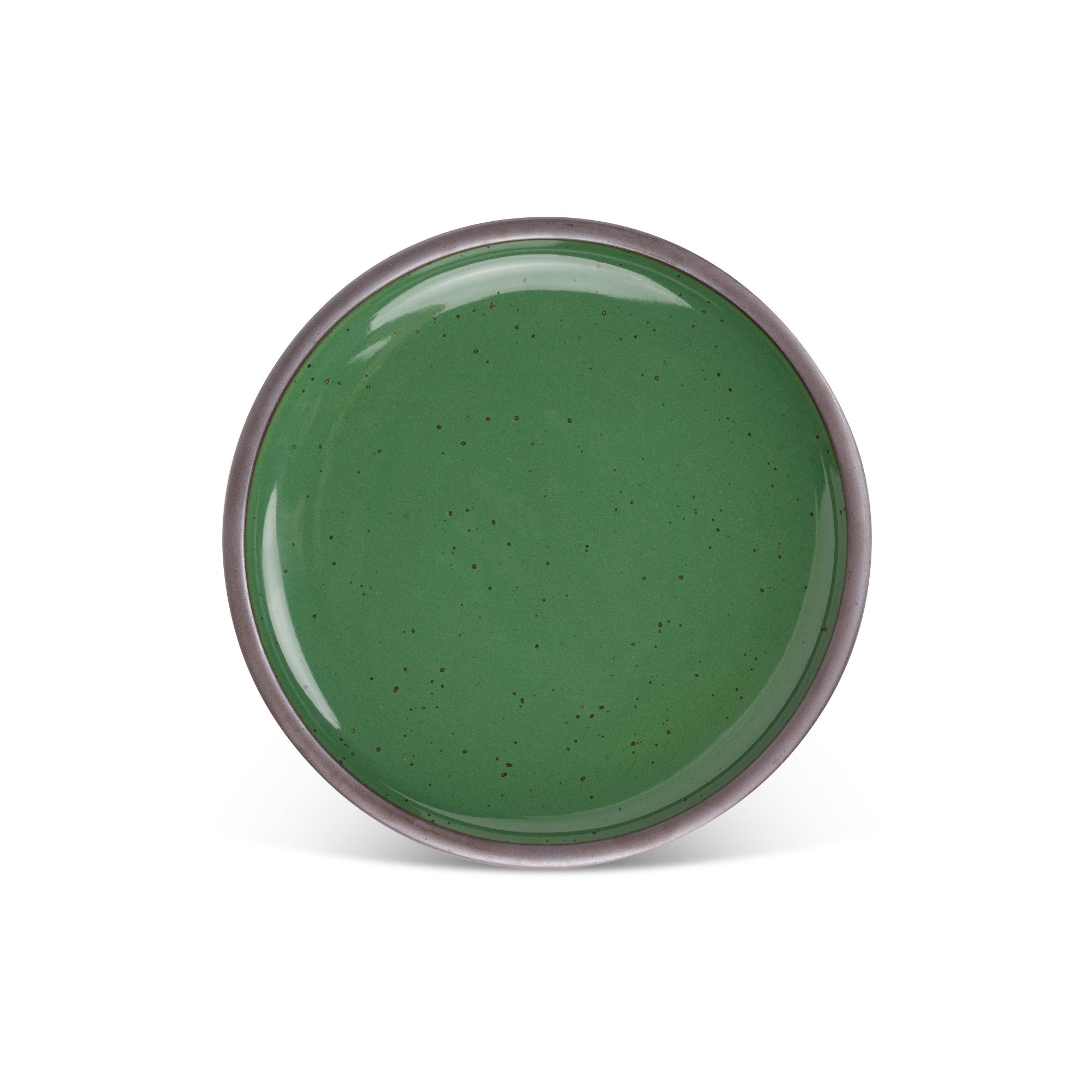 A dinner sized ceramic plate in a glossy emerald green color featuring iron speckles and an unglazed rim