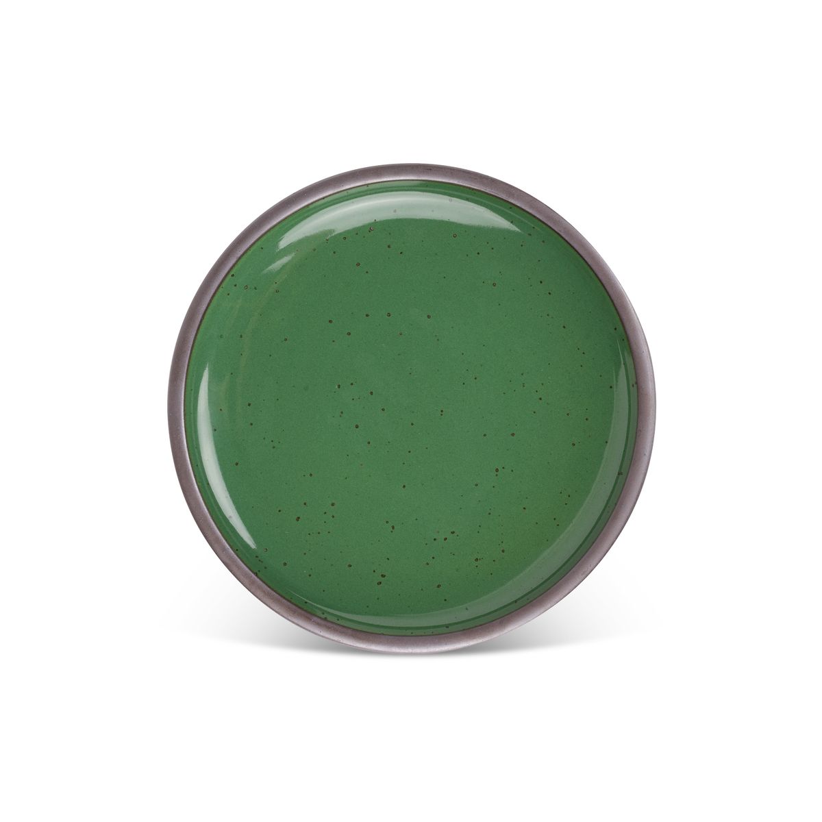 A dinner sized ceramic plate in a glossy emerald green color featuring iron speckles and an unglazed rim