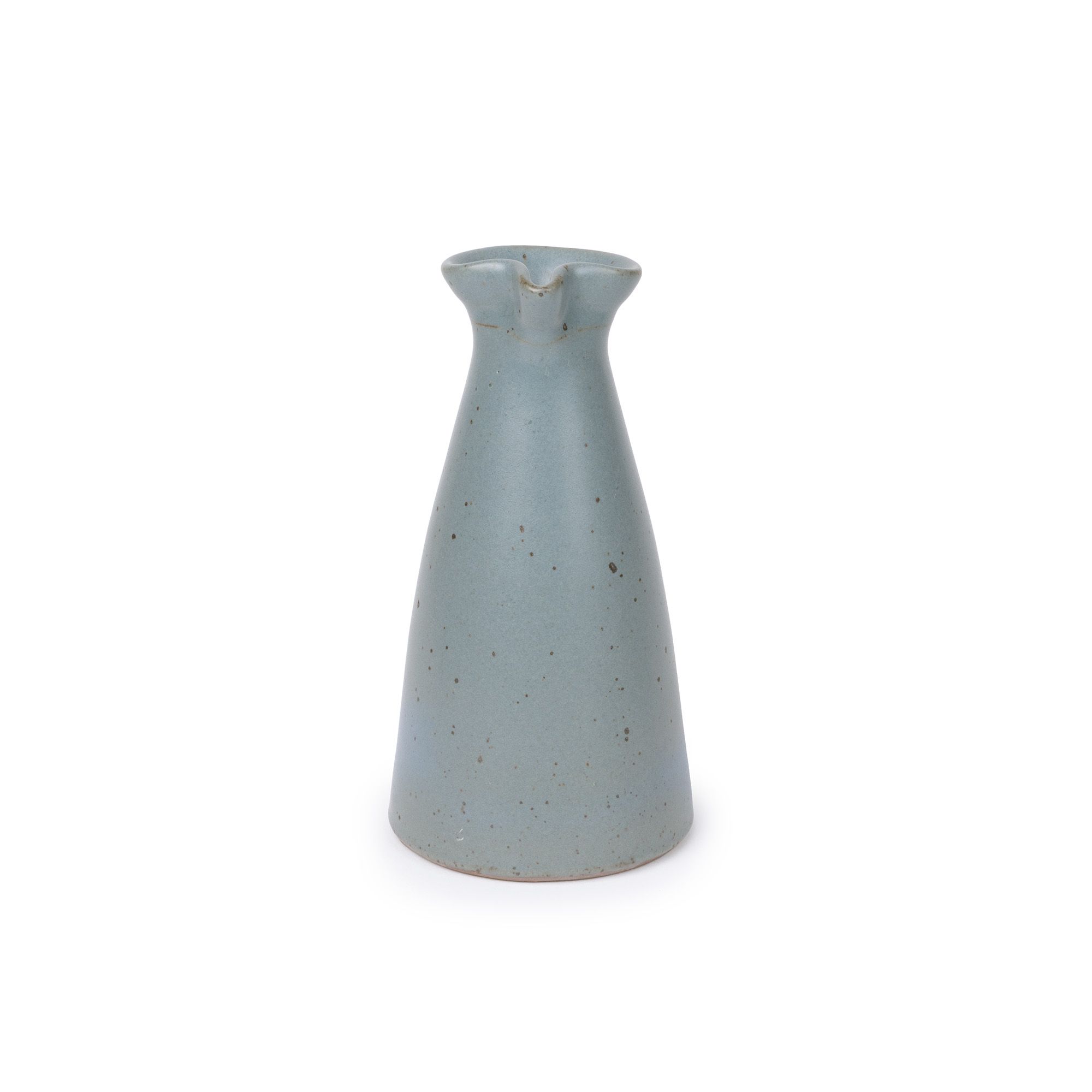A small ceramic creamer with a narrow body and a subtle pouring spout at the top, in a blue-grey color.