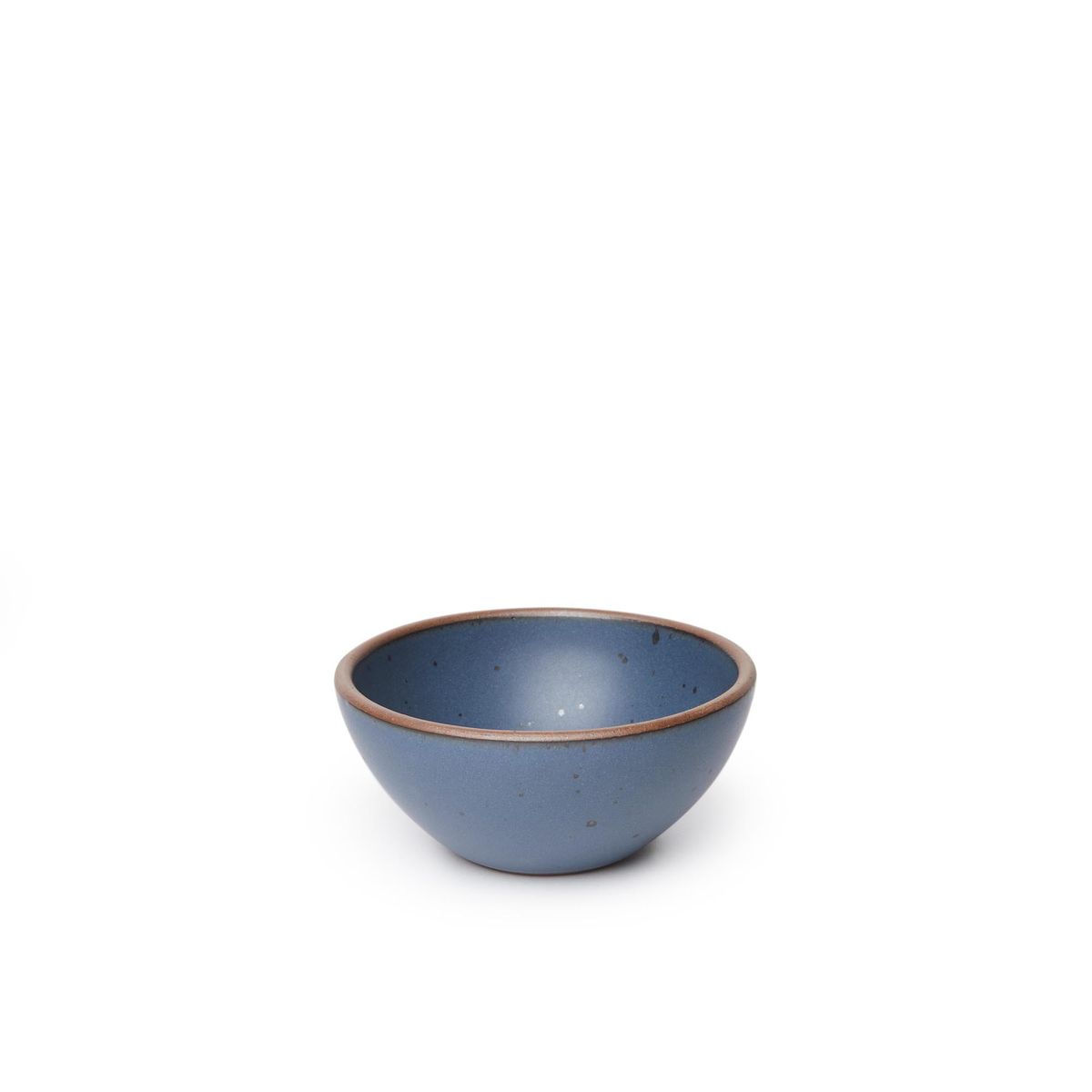 A small dessert sized rounded ceramic bowl in a toned-down navy color featuring iron speckles and an unglazed rim