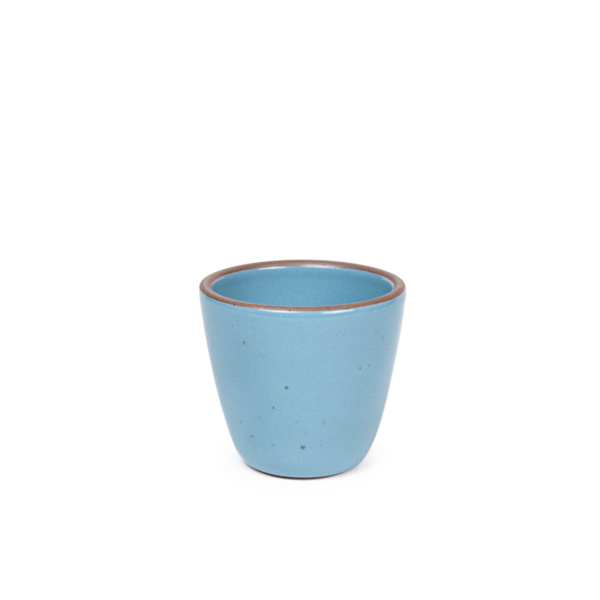 A short cup that tapers out to get wider at the top in a robin's egg blue color featuring iron speckles
