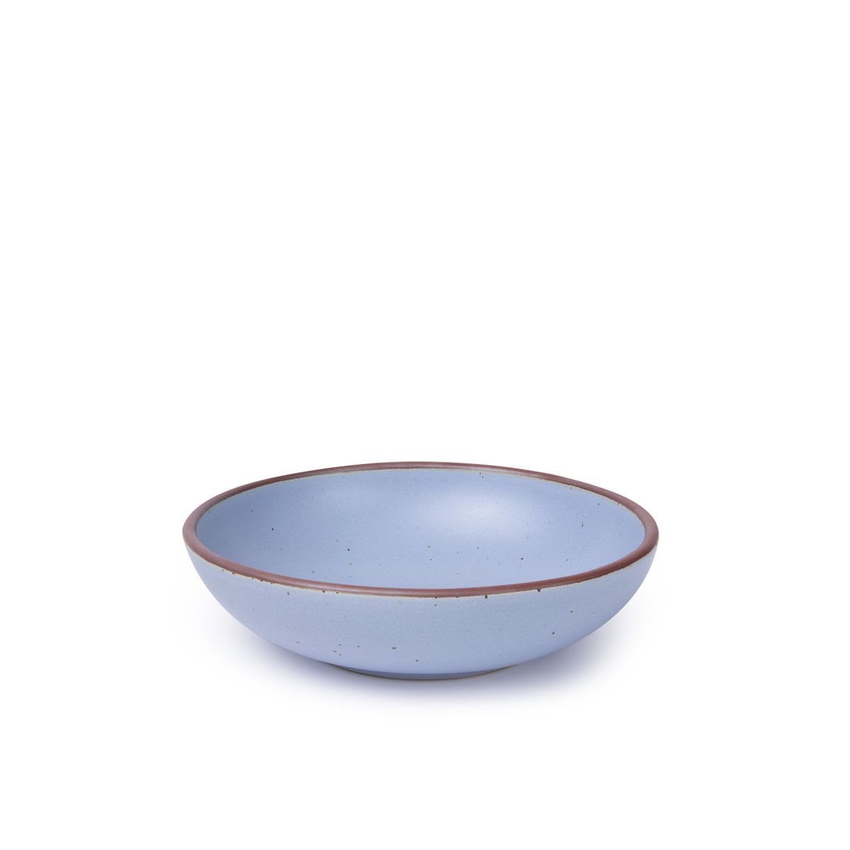 A dinner-sized shallow ceramic bowl in a periwinkle color featuring iron speckles and an unglazed rim