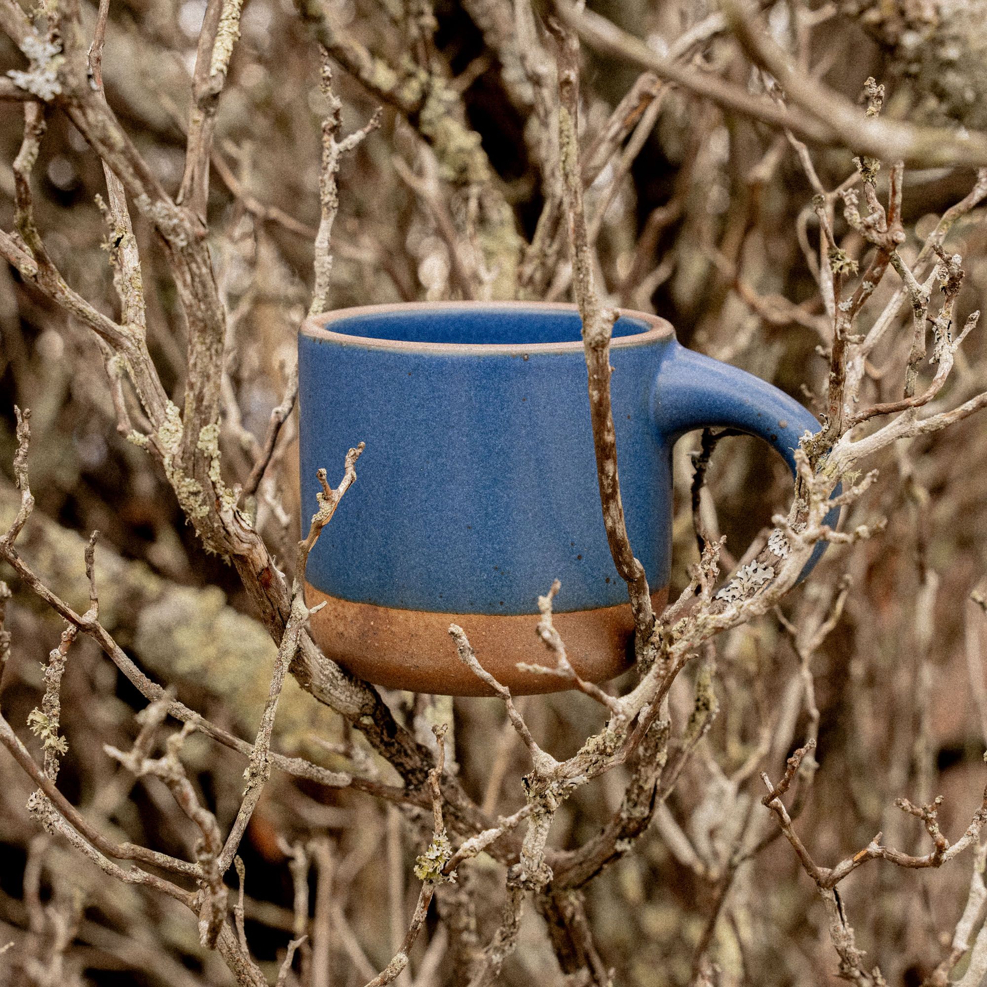 A small sized ceramic mug with handle in a cool medium blue glaze featuring iron speckles and unglazed rim and bottom base. The mug is propped on tree branches outside.