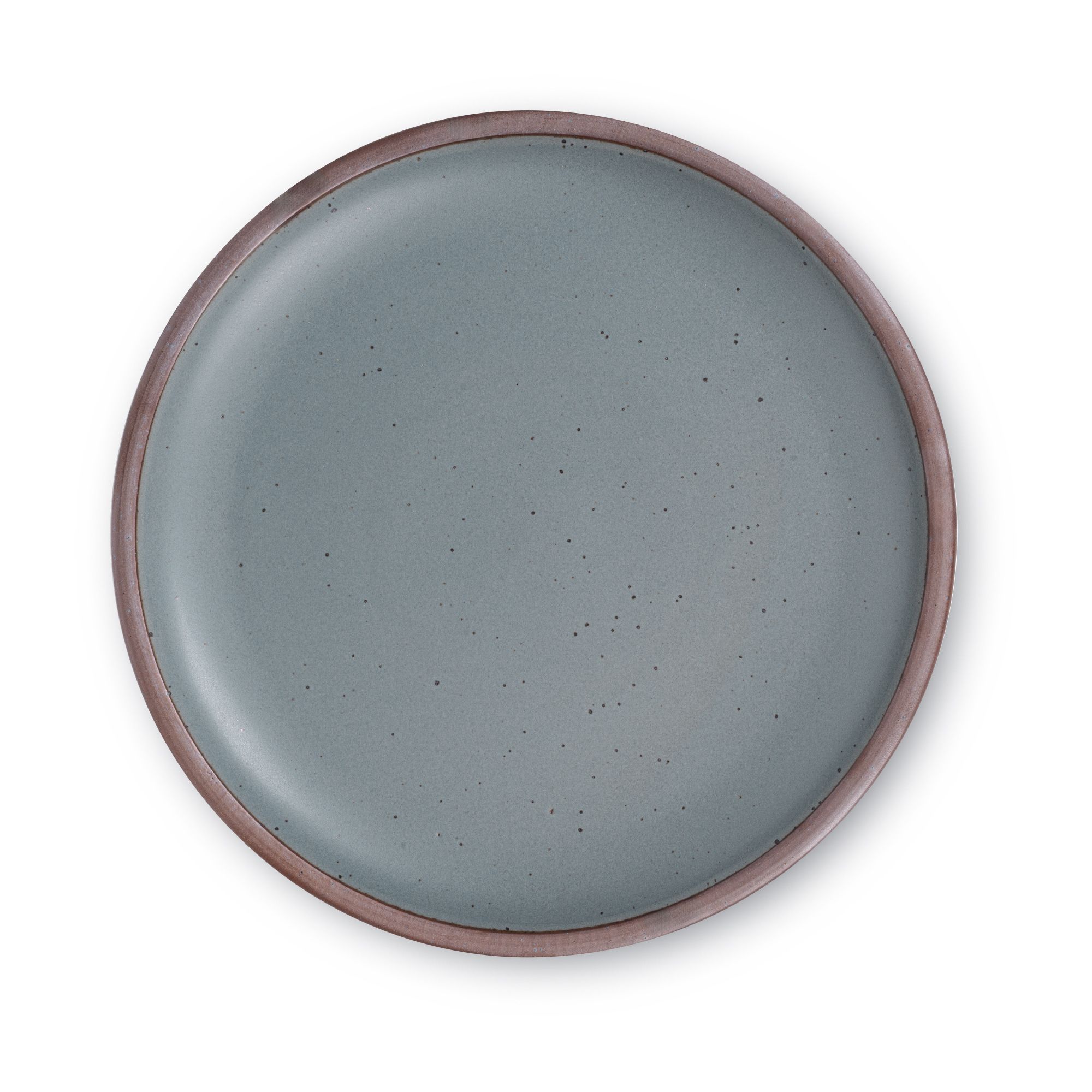A large ceramic platter in a blue-grey color featuring iron speckles and an unglazed rim.