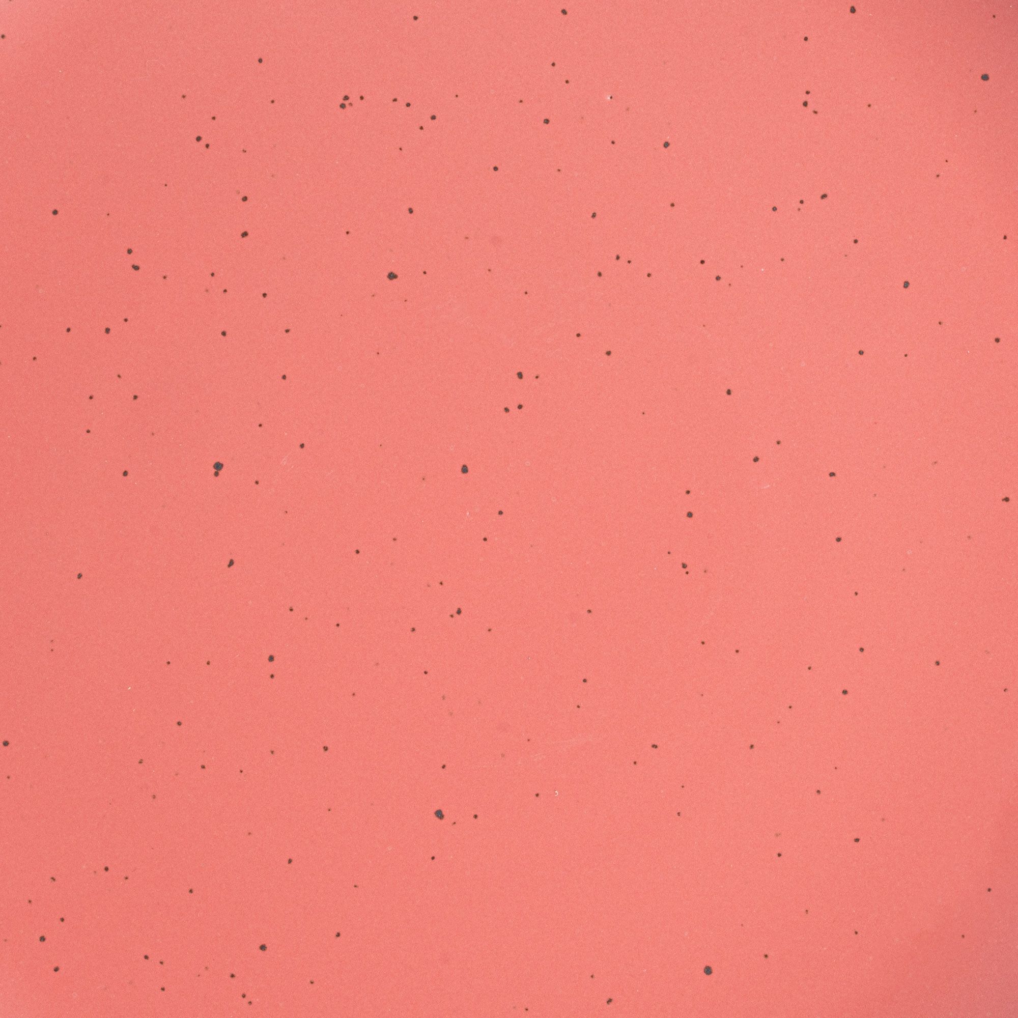 A closeup of a ceramic plate in a watermelon pink color with iron speckles throughout