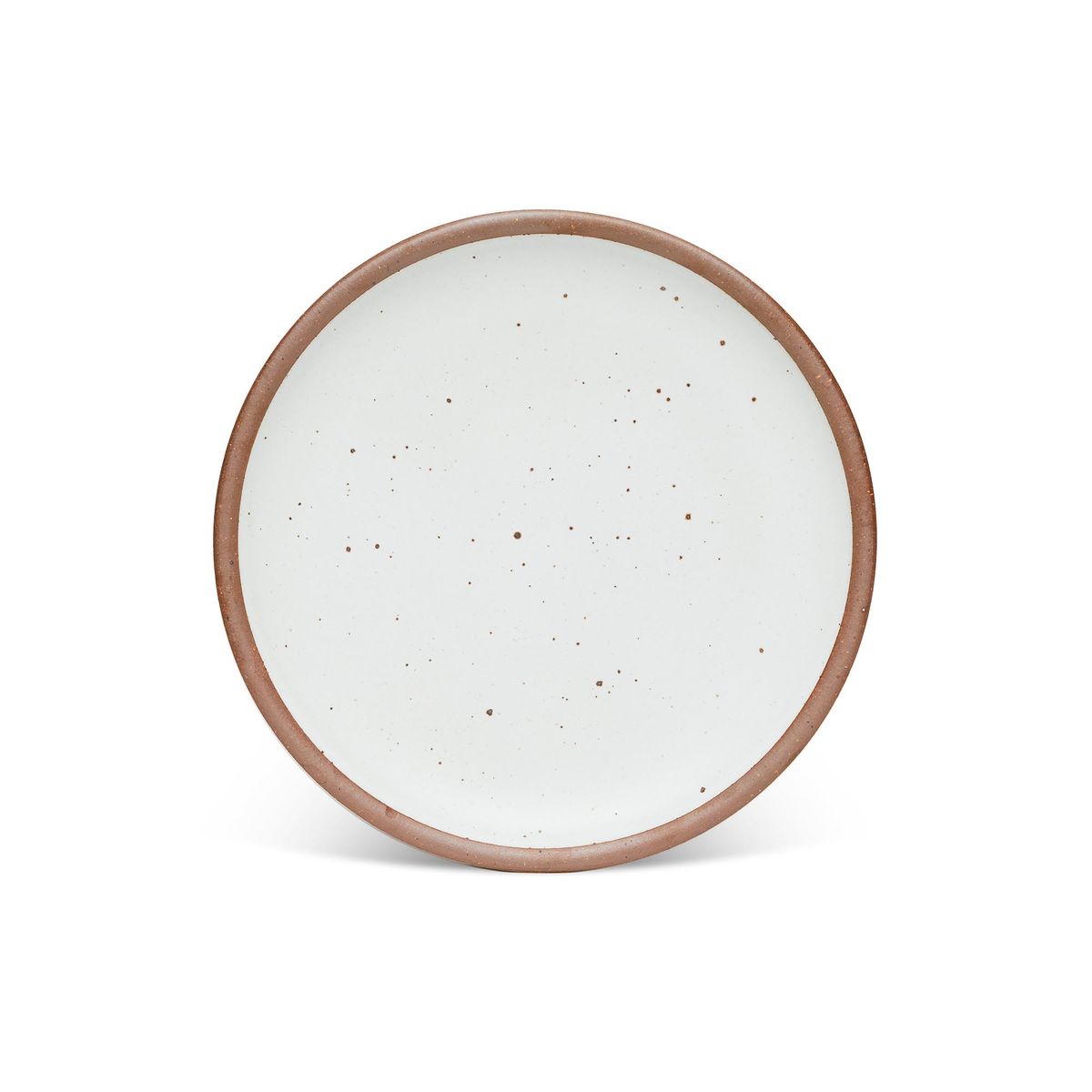 A dinner sized ceramic plate in a cool white color featuring iron speckles and an unglazed rim.