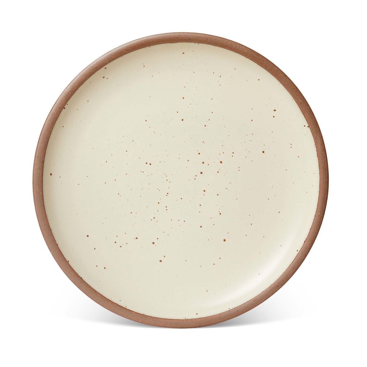 A large ceramic platter in a warm, tan-toned, off-white color featuring iron speckles and an unglazed rim