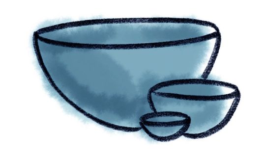 A simple crayon drawing of 3 bowls in tiny, medium, and large sizes with a watercolor wash in a cerulean blue color