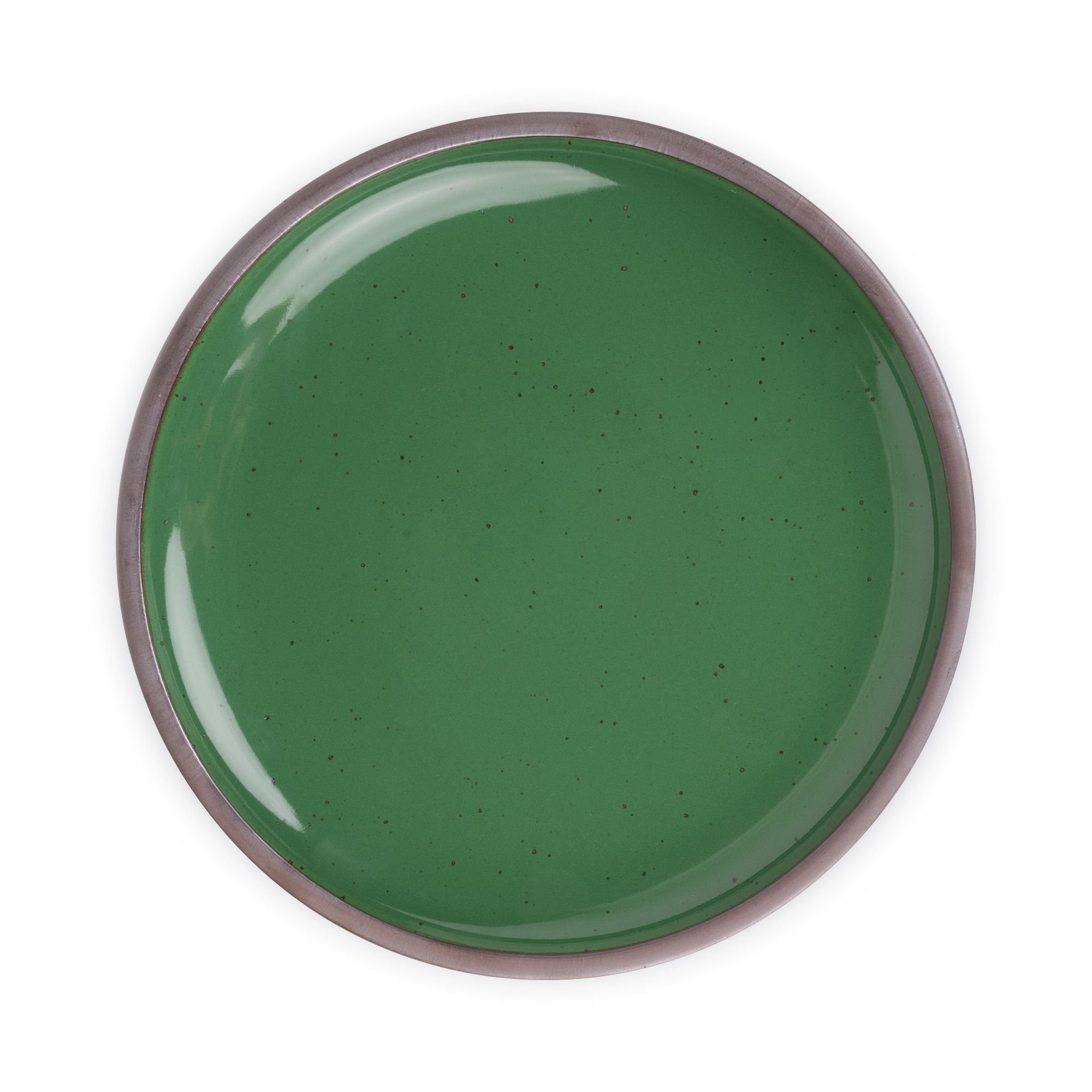 A large ceramic platter in a glossy emerald green color featuring iron speckles and an unglazed rim.