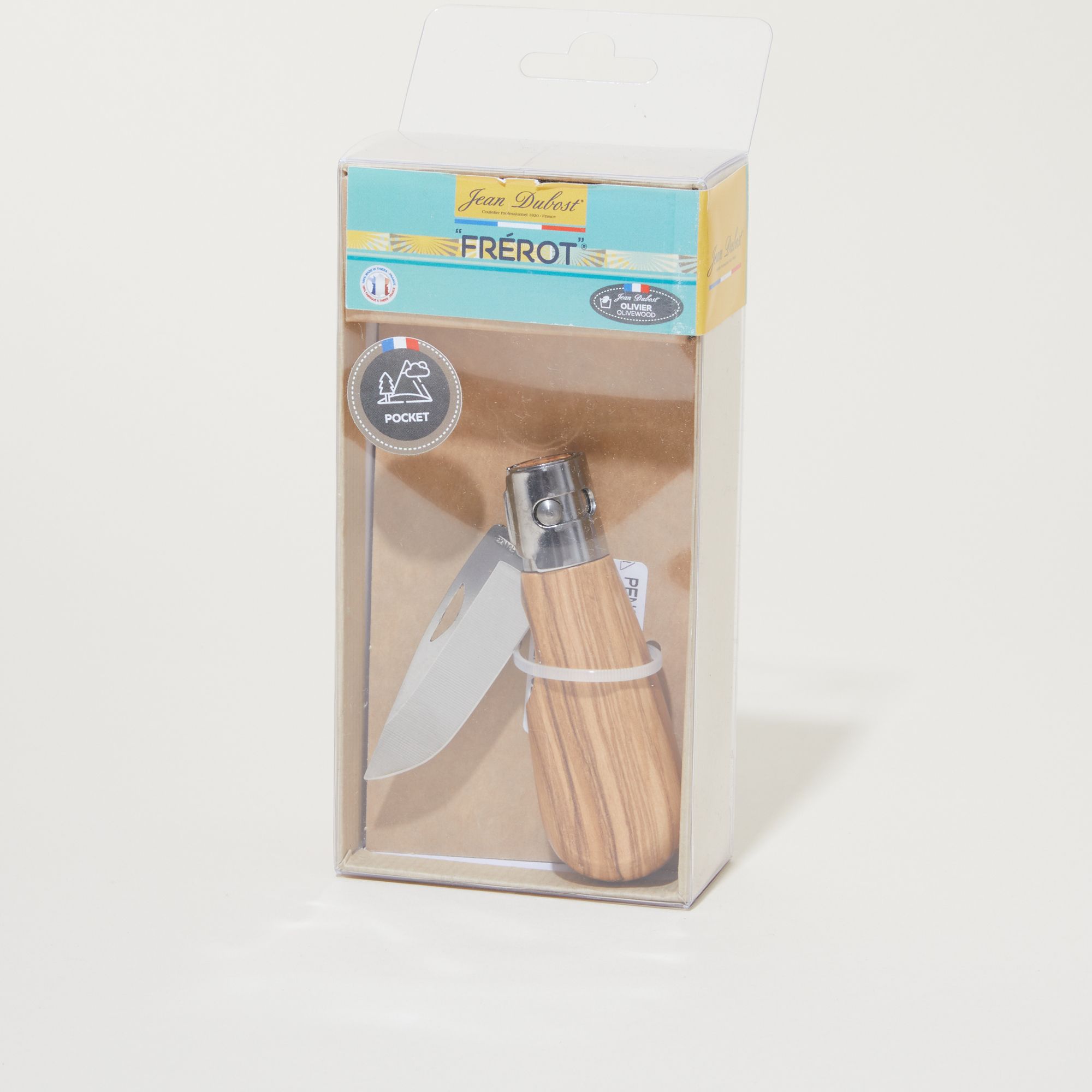 A partially open pocket knife in a clear box