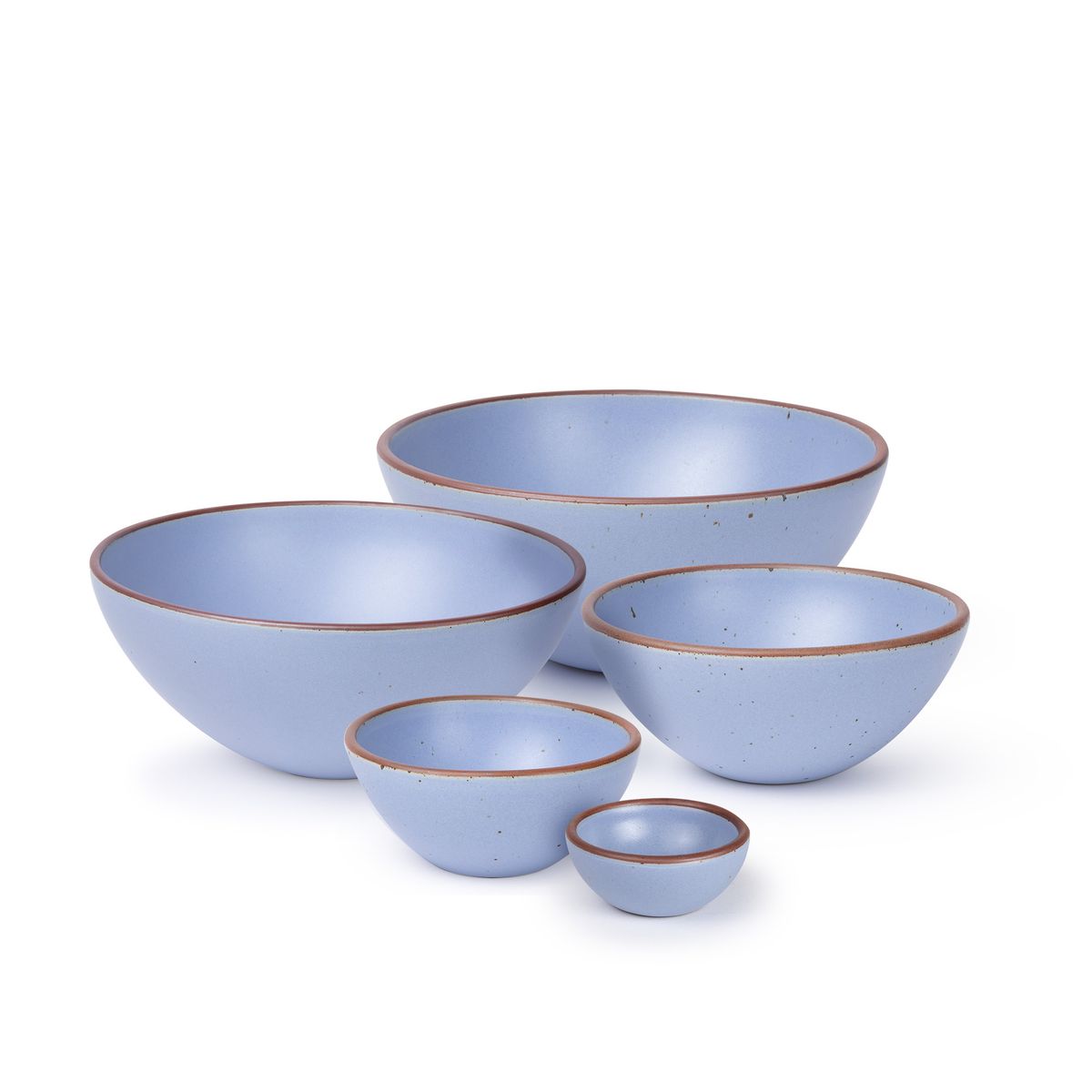 A bitty bowl, ice cream bowl, soup bowl, popcorn bowl, and mixing bowl in a periwinkle color featuring iron speckles