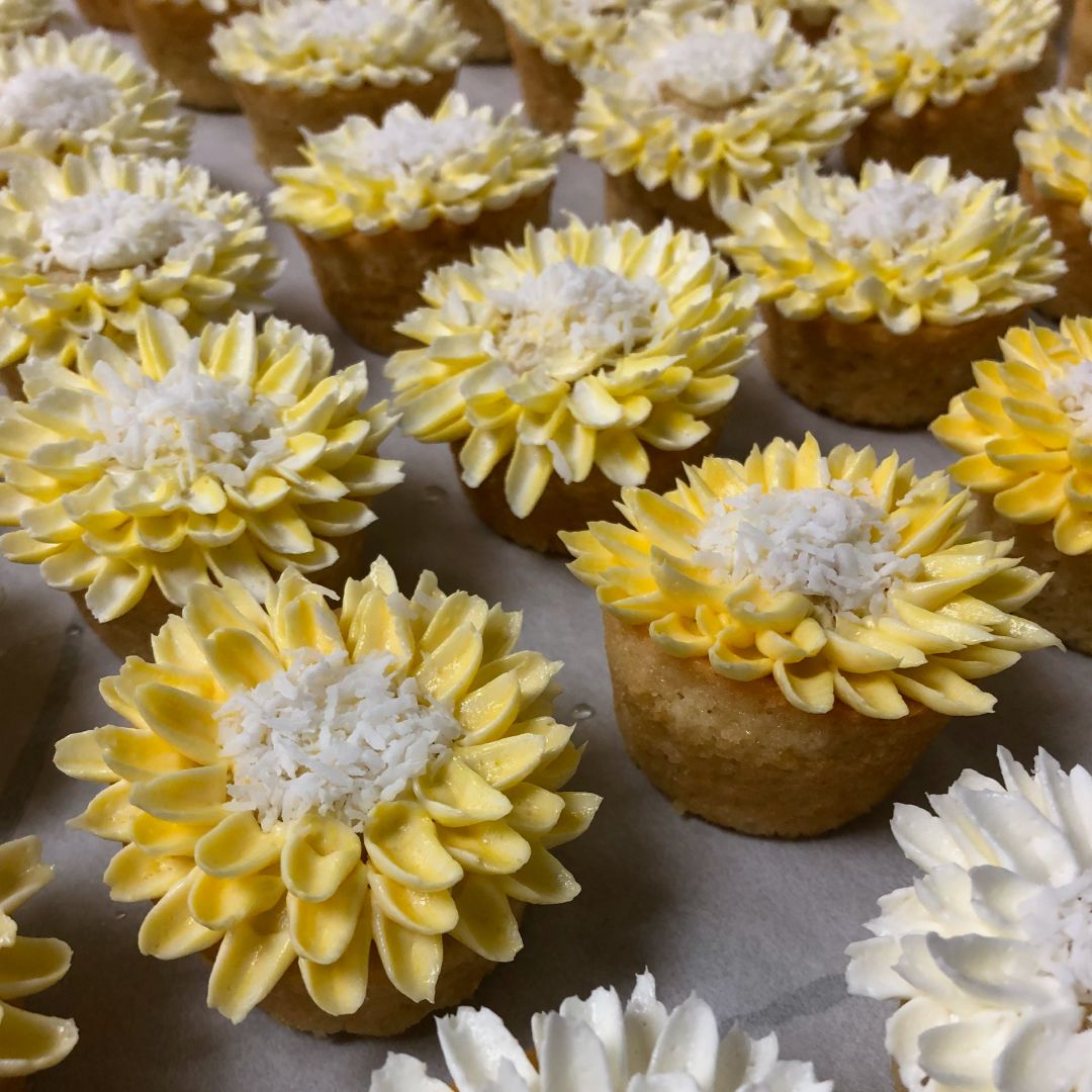 Rows of cupcakes with a beautiful piped yellow and white flower on top.