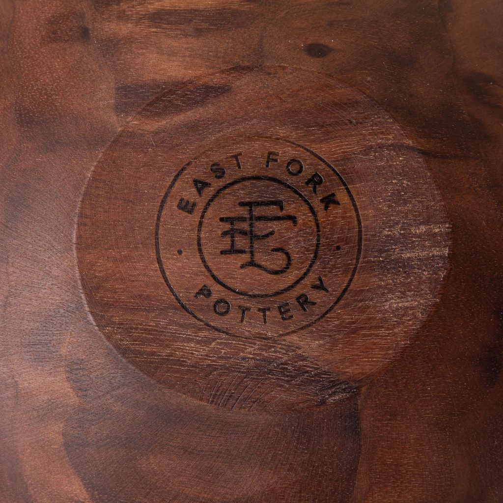 Close up of engraved stamp on bottom of the bowl that reads 'East Fork Pottery' and the East Fork logo.