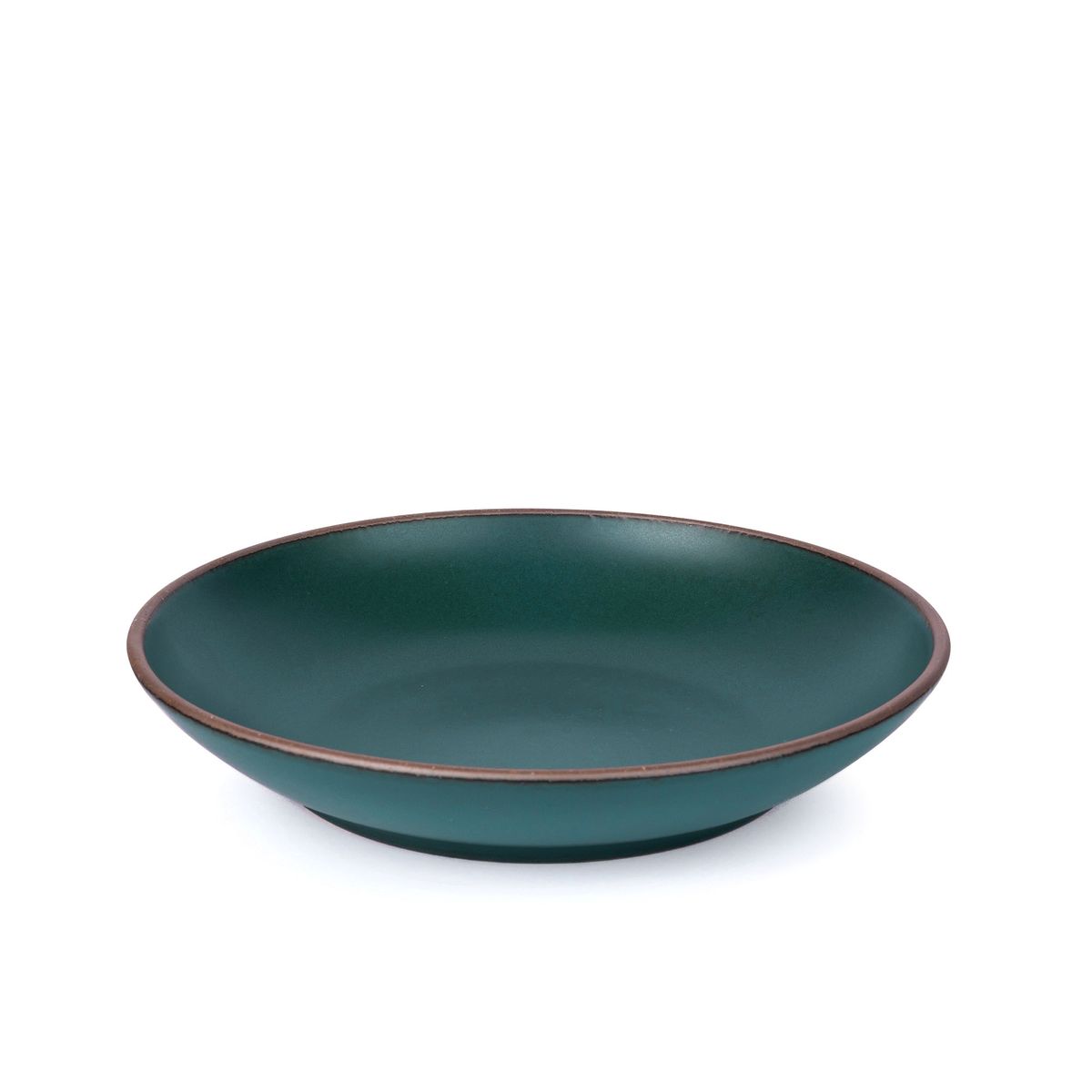 A large ceramic plate with a curved bowl edge in a deep, dark teal color featuring iron speckles and an unglazed rim.