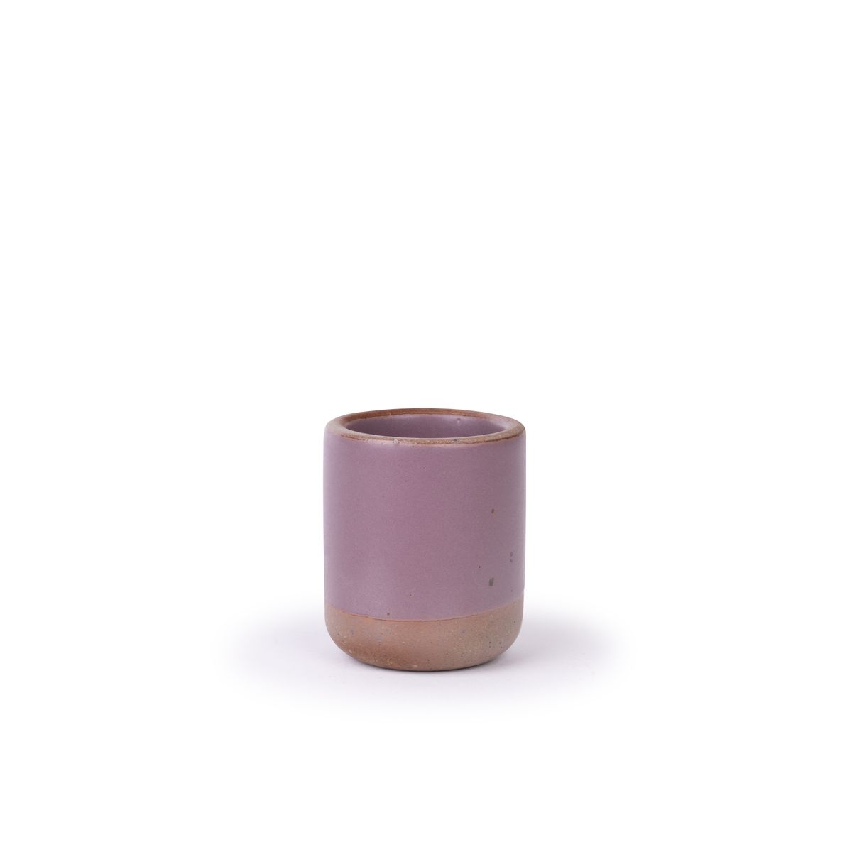 A small, short ceramic mug cup in a soft mauve purple color featuring iron speckles and unglazed rim