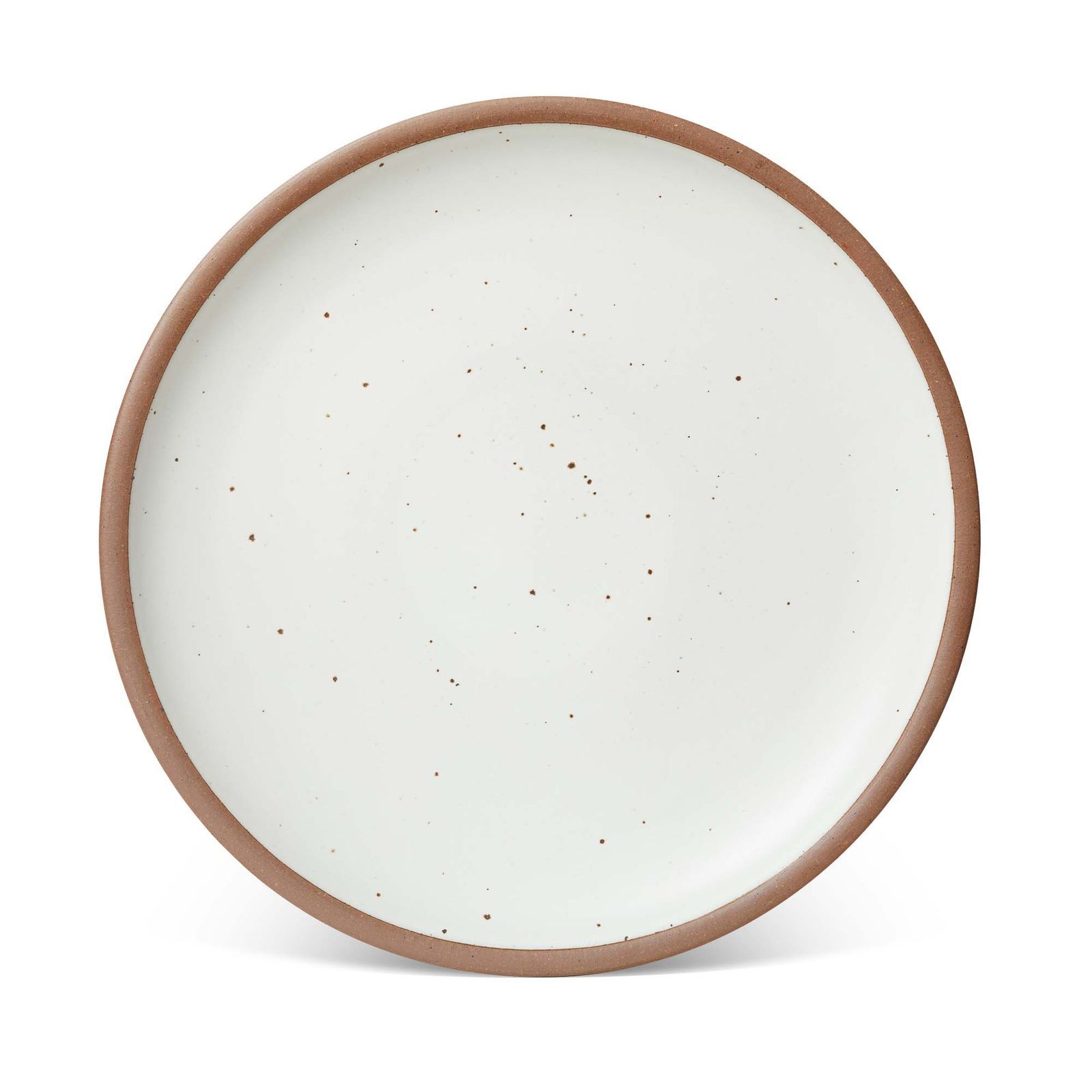 A large ceramic platter in a cool white color featuring iron speckles and an unglazed rim.