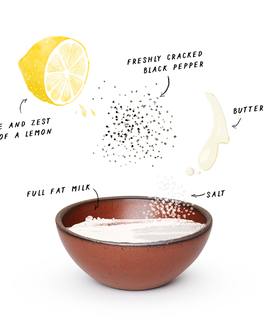 Photo of an Amaro Ice Cream Bowl illustrated to show it containing full-fat milk, with lemon, black pepper, buttermilk and salt above the bowl