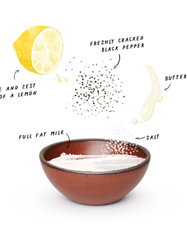 A graphic of different ingredients (lemon, pepper, buttermilk, salt, milk) floating above a ceramic bowl in a terracotta color.
