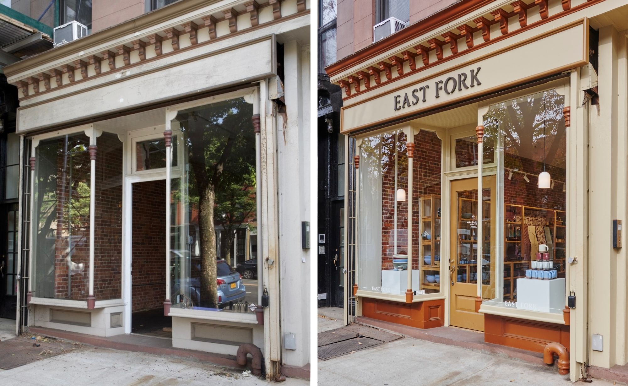 Two photos side by side of the East Fork Brooklyn exterior, the left is an empty unpainted storefront with no signage, the right has pottery filled in the windows, a sign that reads 'East Fork' and some of the exterior painted in a cool terracotta color.