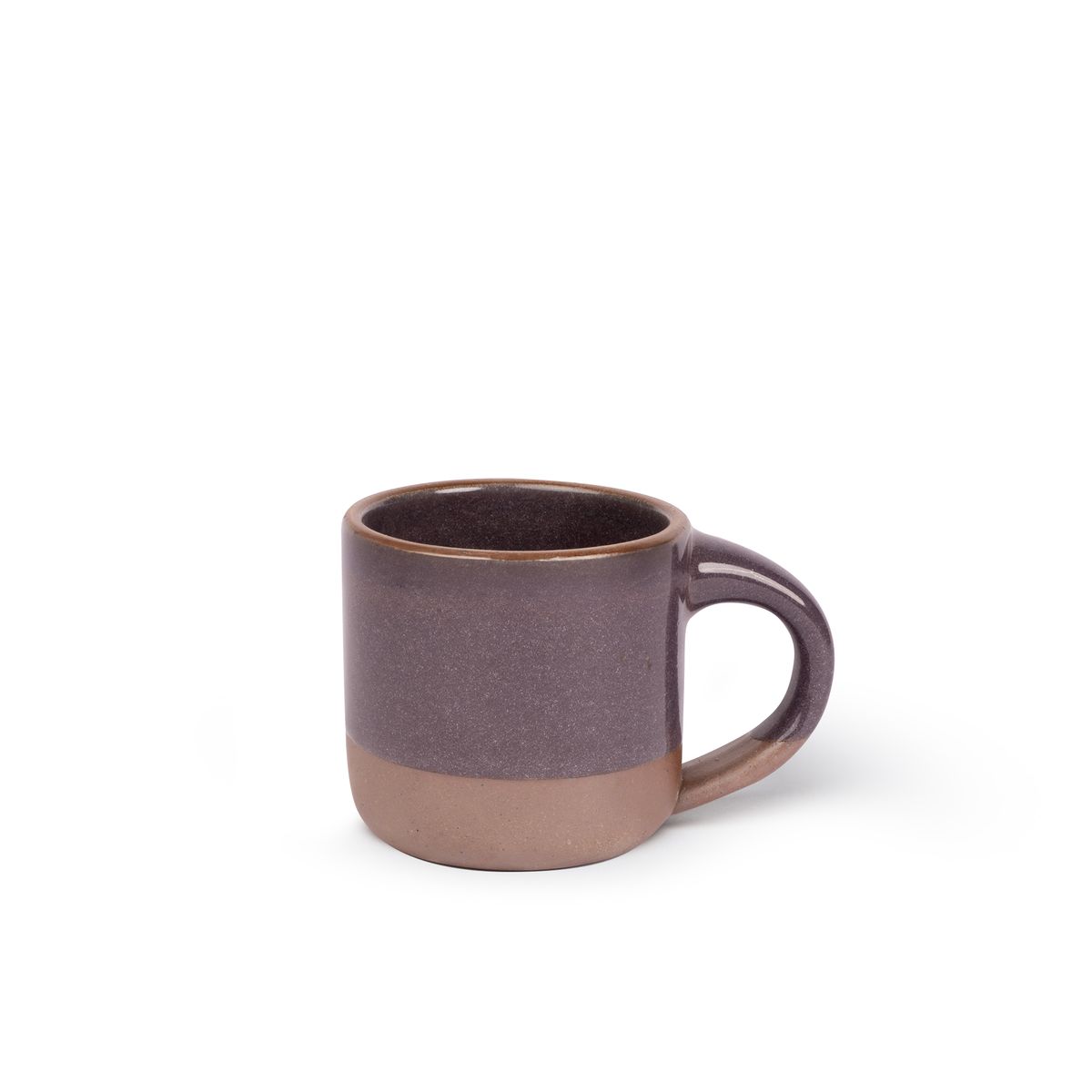 A small sized ceramic mug with handle in a purple with a soft glowing sheen and unglazed rim