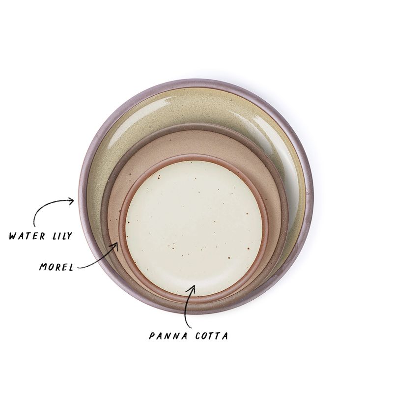 A stack of 3 plates in Dinner, Side, and Cake sizes in a reflective dappled grey-green, warm pale brown, and warm off-white.