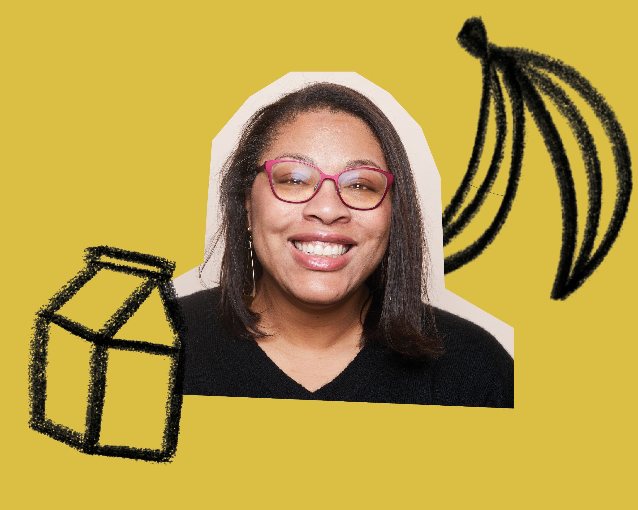 A cut-out photo of a woman smiling with crayon drawings of food against an mustard background.