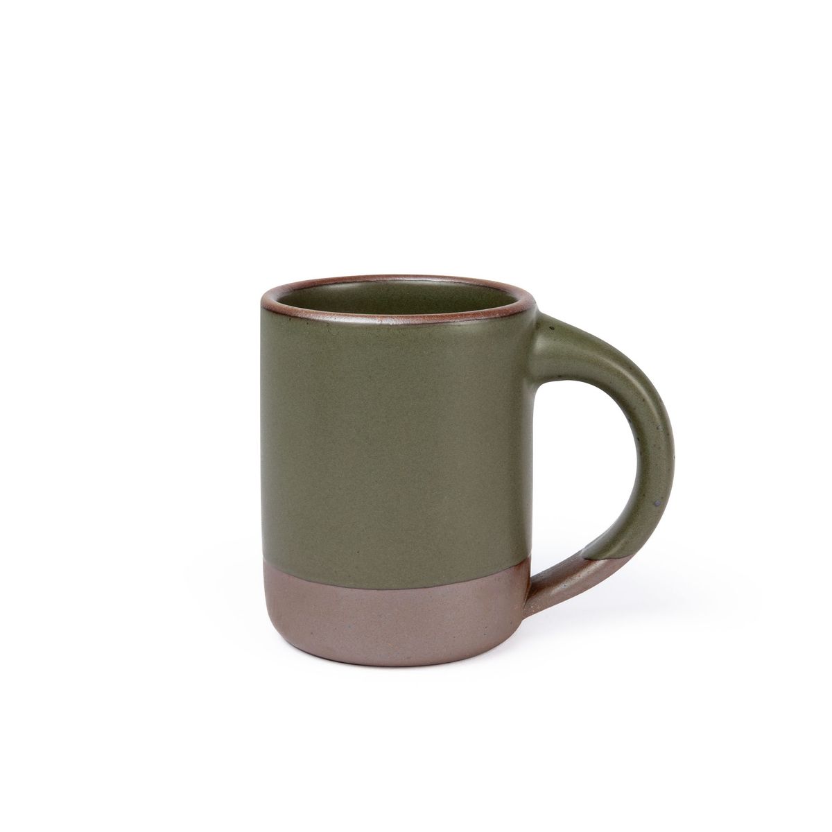 A medium sized ceramic mug with handle in an earthy green color featuring iron speckles and unglazed rim.