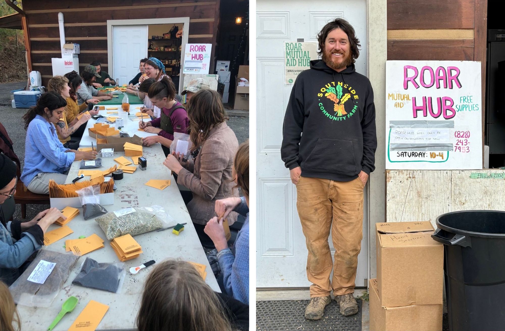Two photos: the left is a table filled with people working together, the right is a person standing outside a door next to a sign that reads 'ROAR HUB'