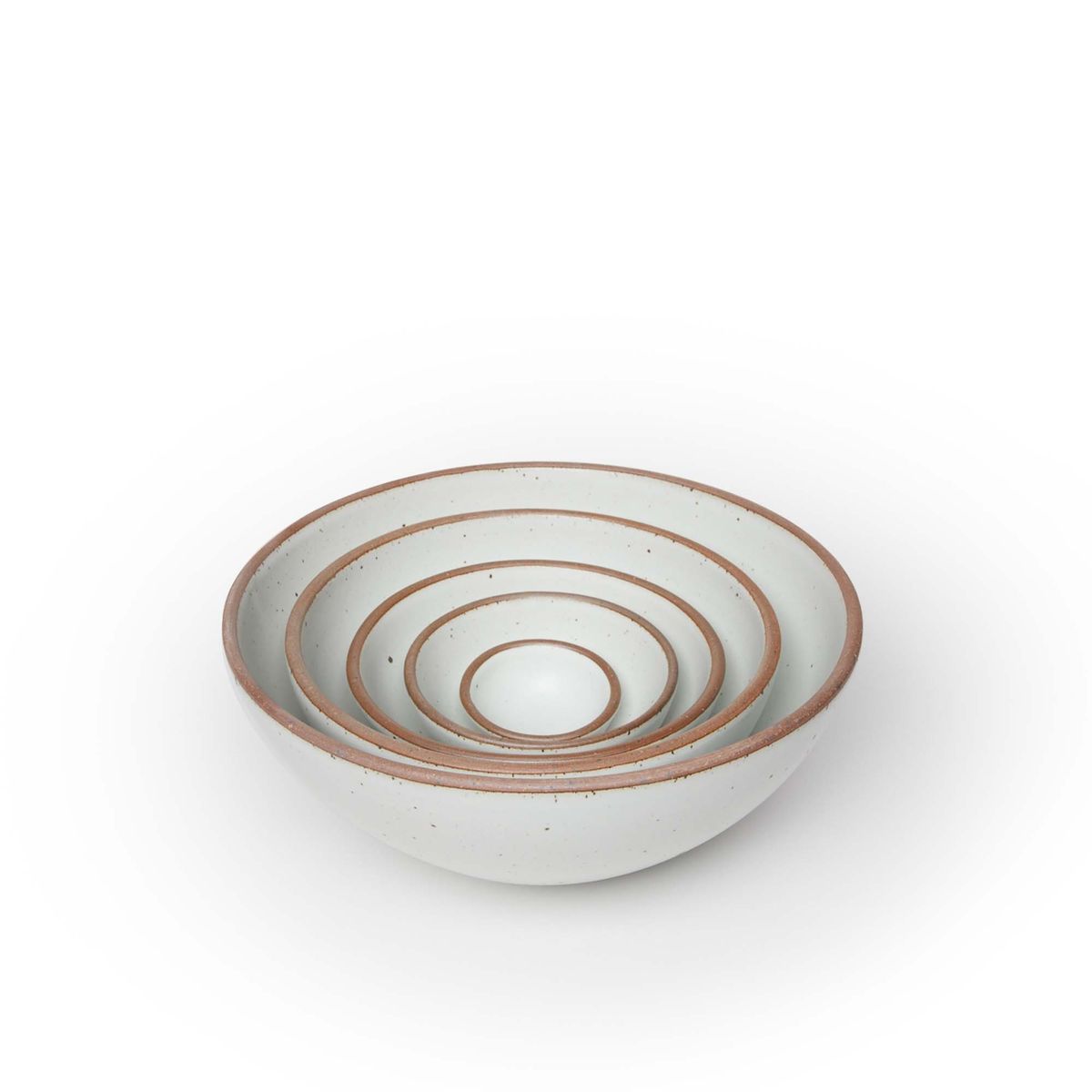 A bitty bowl, ice cream bowl, soup bowl, popcorn bowl, and mixing bowl nesting together in a cool white color featuring iron speckles