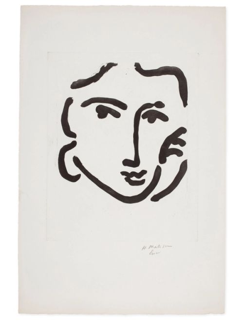 Original artwork, Nadia au regard sérieux, by Henri Matisse. A minimalist black ink painting of a woman's face and hand resting on one cheek, in an abstract, expressive style on an off-white background.