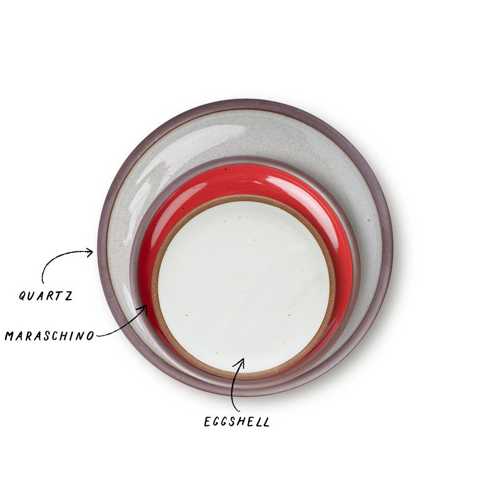 A stack of 3 plates in Dinner, Side, and Cake sizes in a icy reflective white, glossy red, and cool white colors.