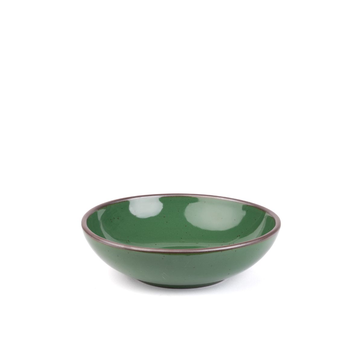 A dinner-sized shallow ceramic bowl in a glossy emerald green color featuring iron speckles and an unglazed rim
