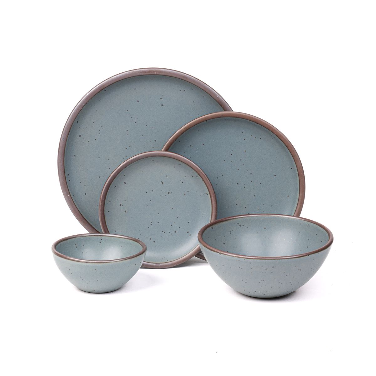 An ice cream bowl, soup bowl, cake plate, side plate and dinner plate in a blue-grey color featuring iron speckles