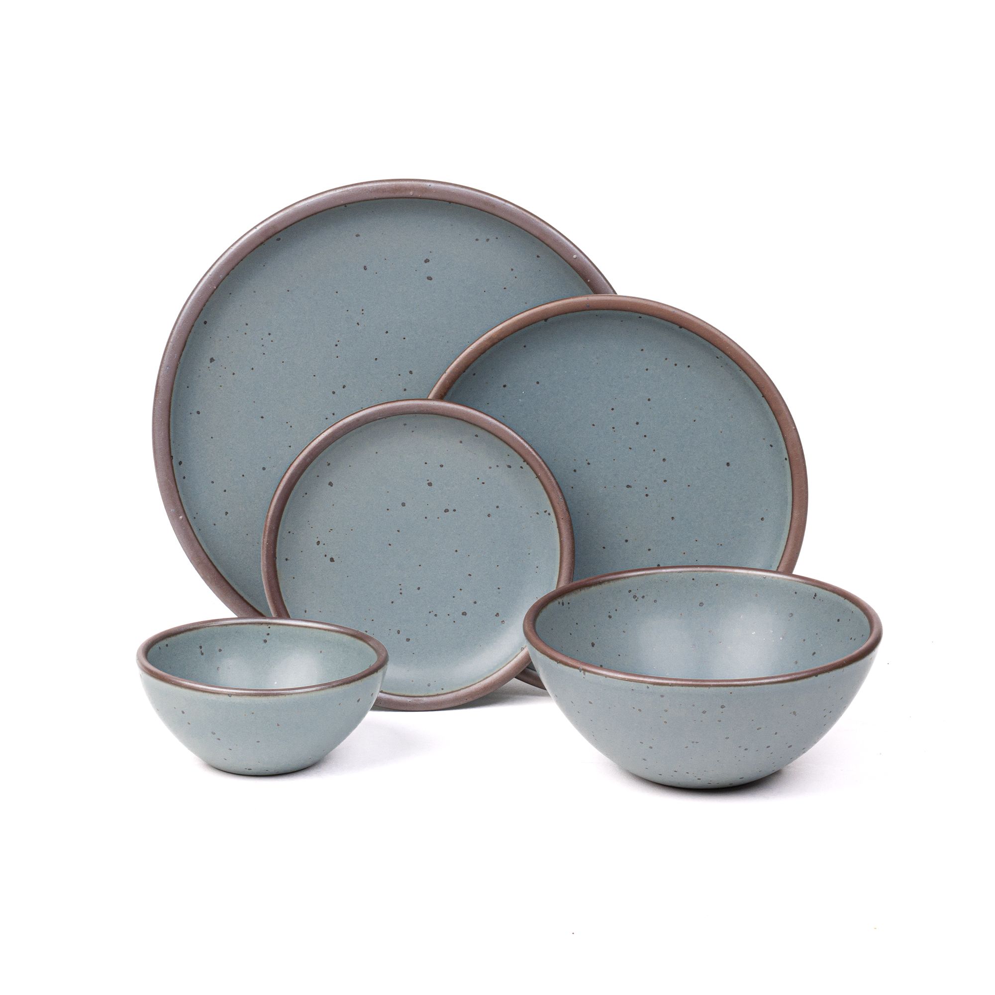 An ice cream bowl, soup bowl, cake plate, side plate and dinner plate in a blue-grey color featuring iron speckles