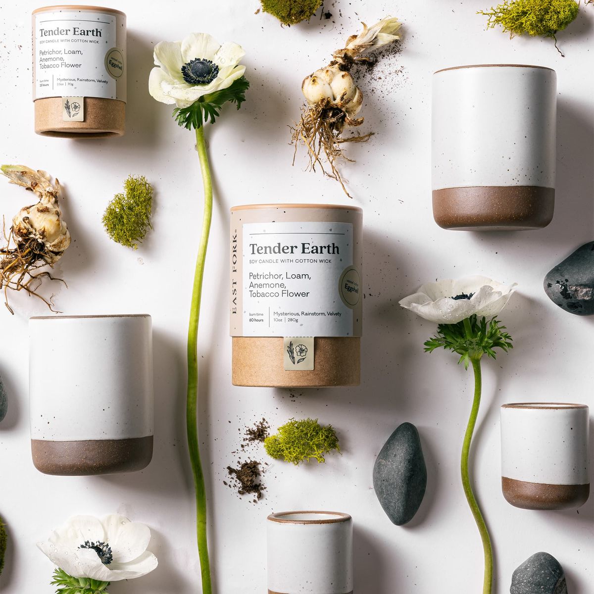 An artful layout of The Candle in Tender Earth - centered is a cardboard packaging tube with the candle's name, surrounded by small and large ceramic candles in a cylindrical vessel in a cool white color, surrounded by anemones, rocks, and moss.