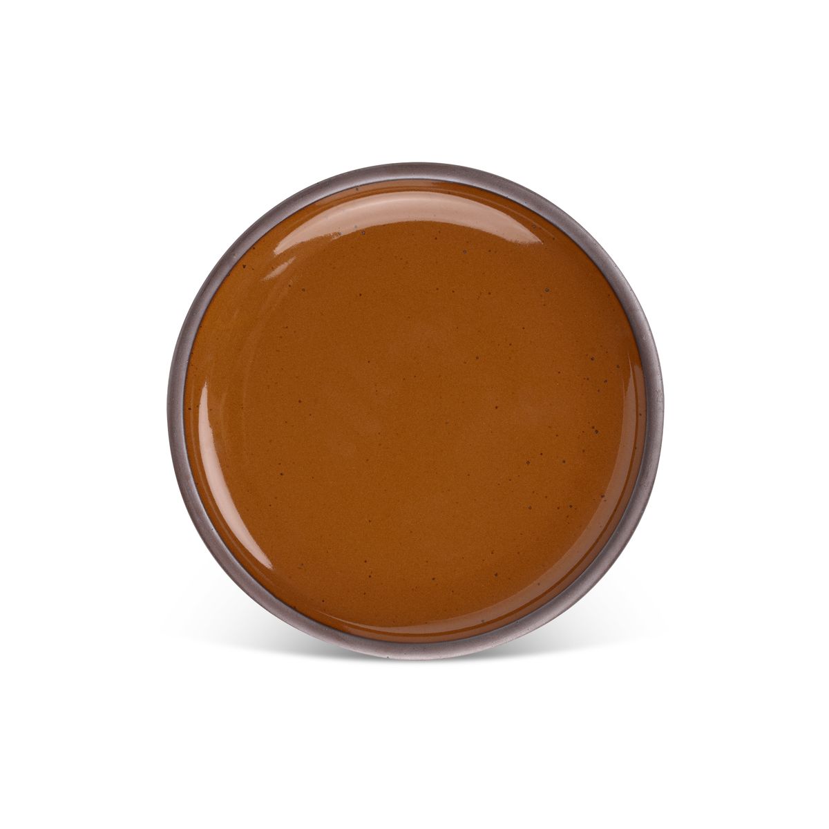 A dinner sized ceramic plate in a glossy caramel brown color featuring iron speckles and an unglazed rim