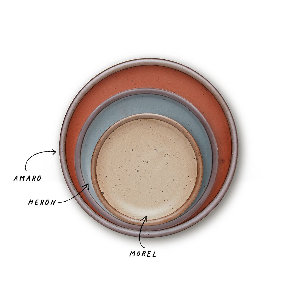 A stack of 3 plates in Dinner, Side, and Cake sizes in a cool terracotta, blue-grey, and warm pale brown colors.
