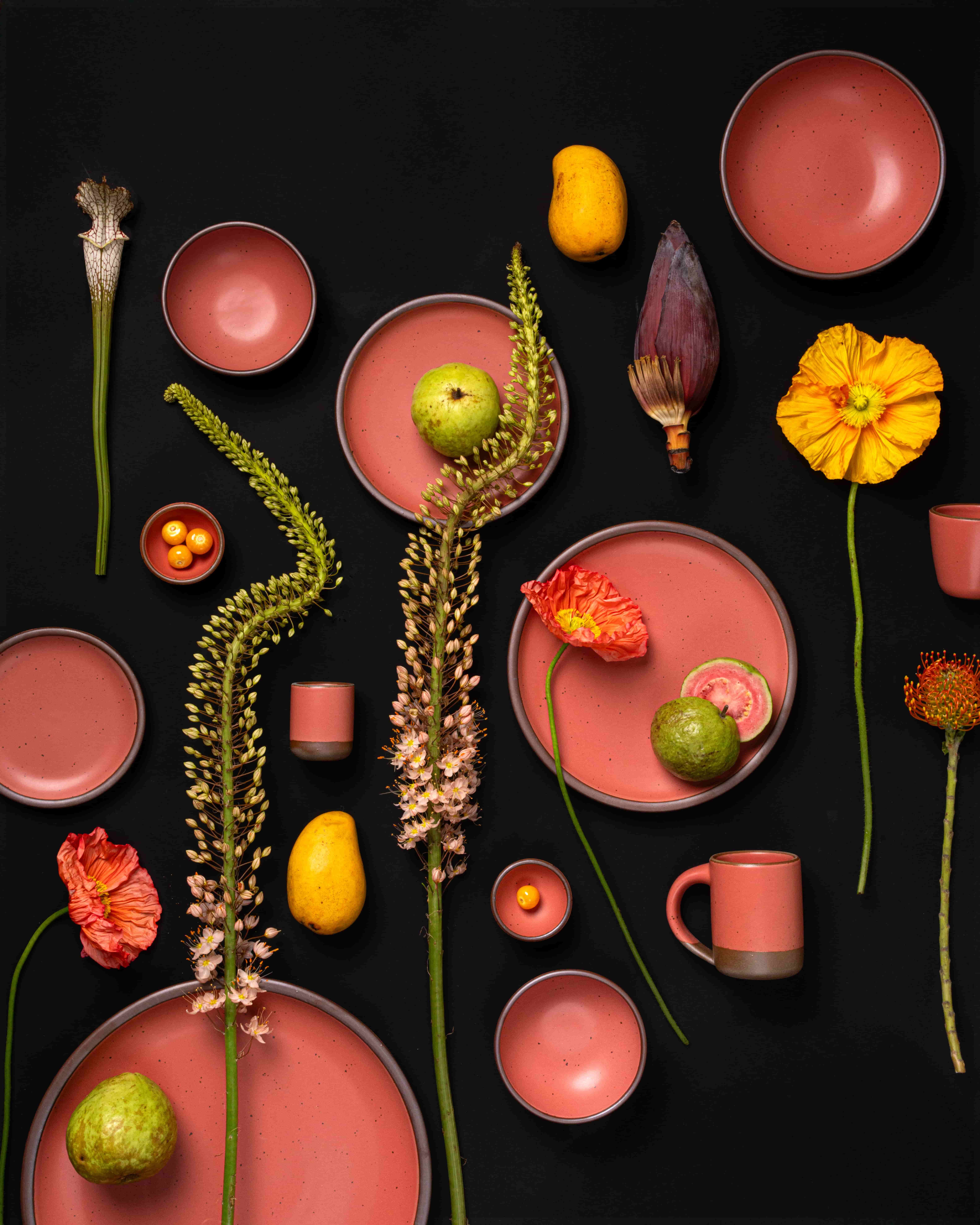 Guava-colored ceramic dinnerware arranged with tropical fruits and vivid flowers on a black background in a bold, graphic layout.