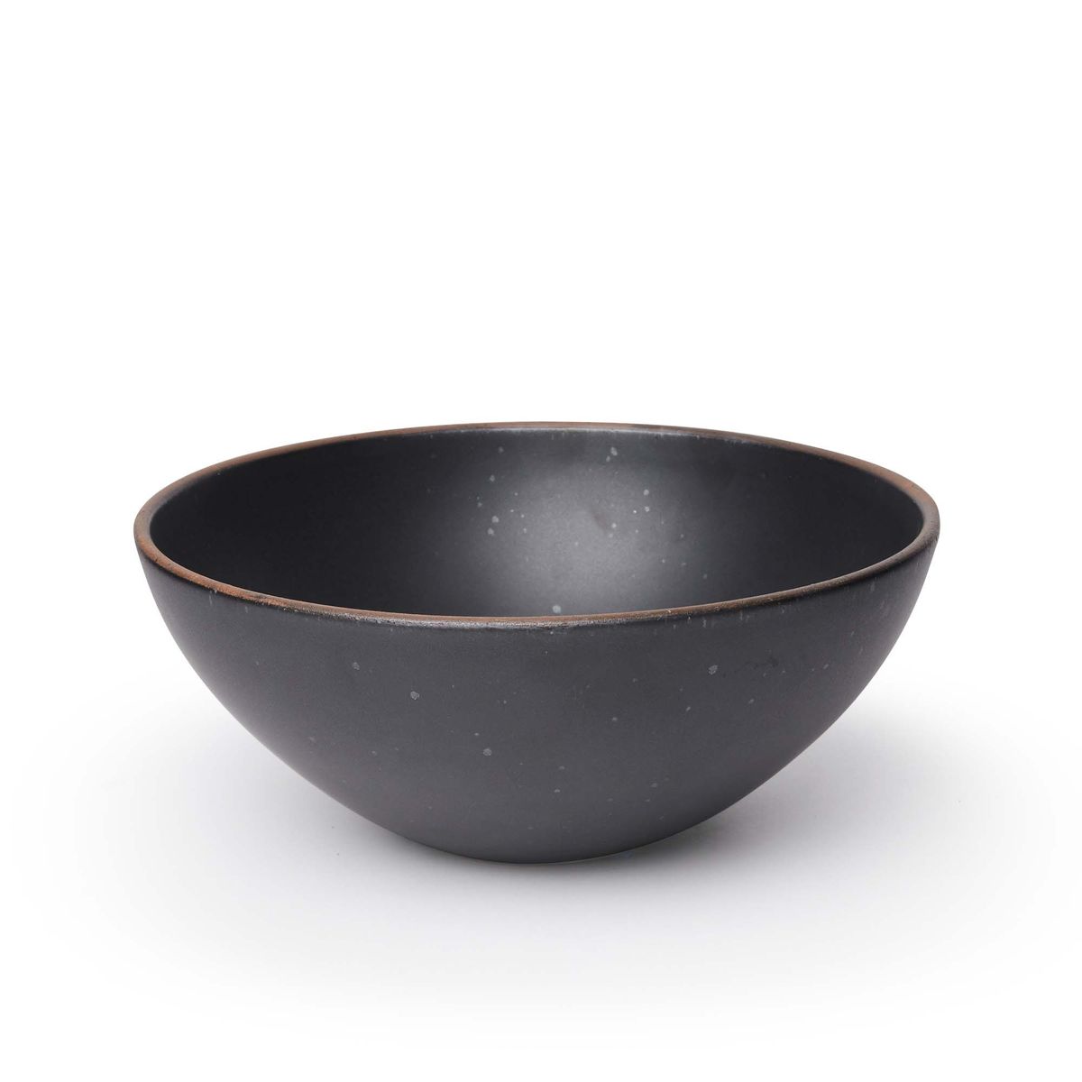 A large ceramic mixing bowl in a graphite black color featuring iron speckles and an unglazed rim