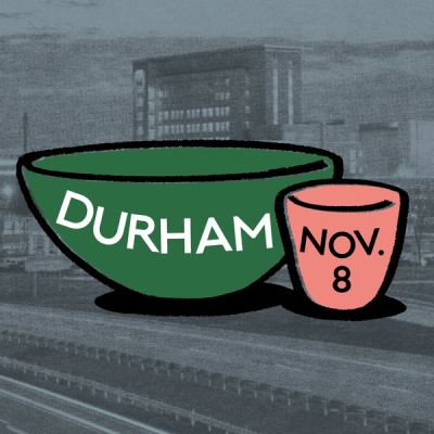 A crayon drawing of a bowl and Kulhad with words that read 'Durham, Nov. 8' against a photo of the Durham skyline.