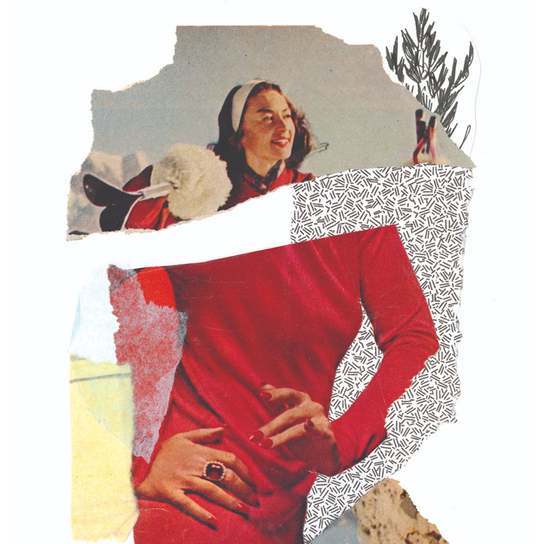 A vintage-style collage featuring a woman in a red outfit, layered with textured papers and abstract patterns for an artistic, nostalgic feel.