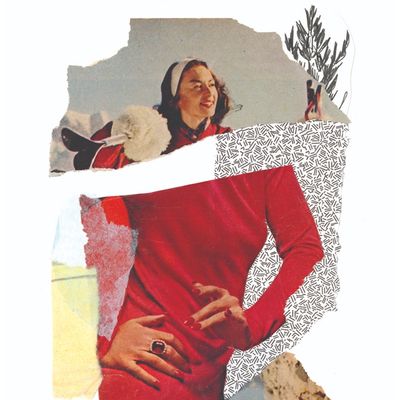 A vintage-style collage featuring a woman in a red outfit, layered with textured papers and abstract patterns for an artistic, nostalgic feel.
