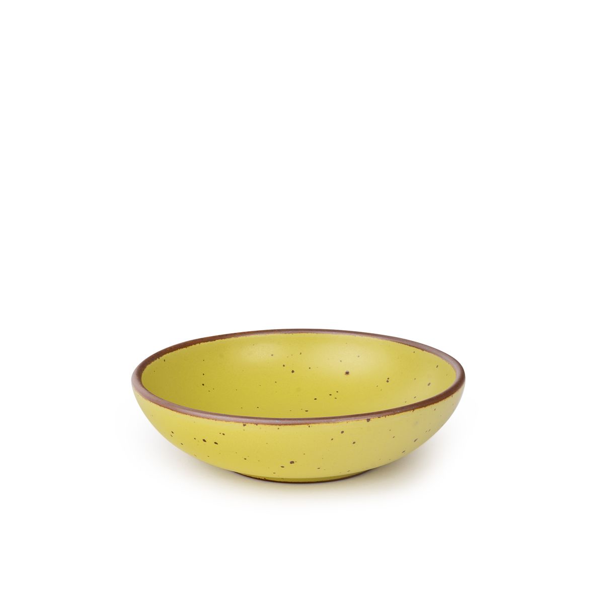 A dinner-sized shallow ceramic bowl in a zesty yellow color featuring iron speckles and an unglazed rim