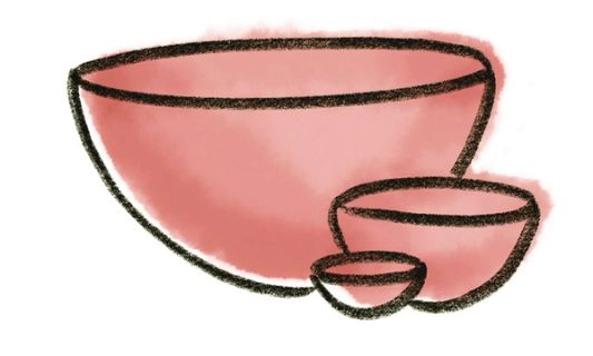A crayon drawing of 3 bowls in different sizes and filled with a watermelon pink watercolor wash