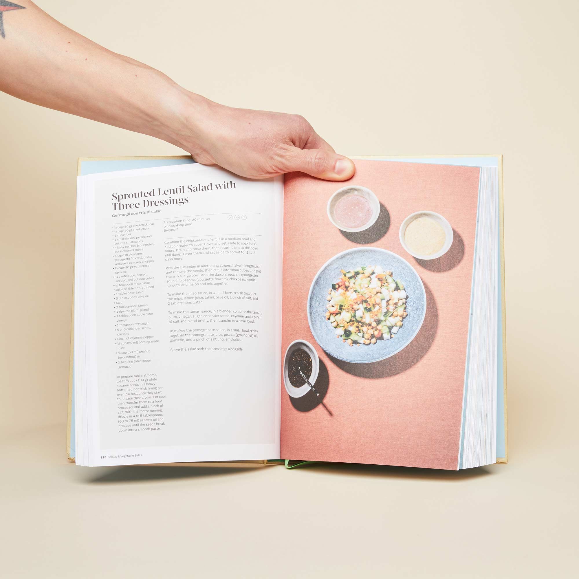 Two-page spread showing recipe for and photograph of a lentil salad