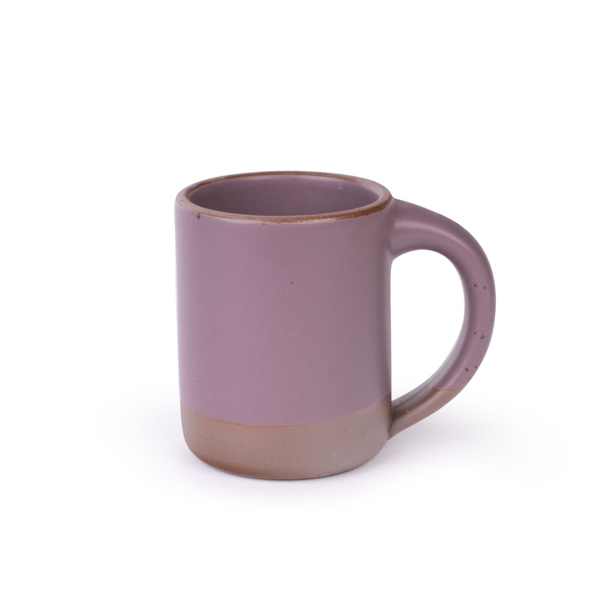 A big sized ceramic mug with handle in a soft mauve purple color featuring iron speckles and unglazed rim and bottom base.