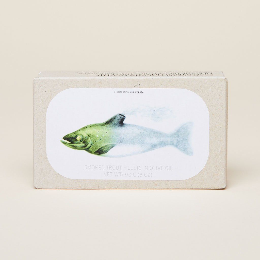 Package of trout fillets, illustration in green and blue on beige and white background