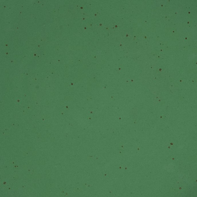 A closeup of a ceramic plate in a glossy emerald green color with iron speckles throughout